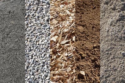 Concrete, soil, stabilised sand, chippings and gravel