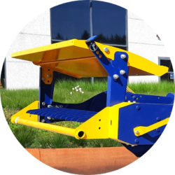 Une structure mécanique bleue et jaune d'une dérouleuse-pailleuse